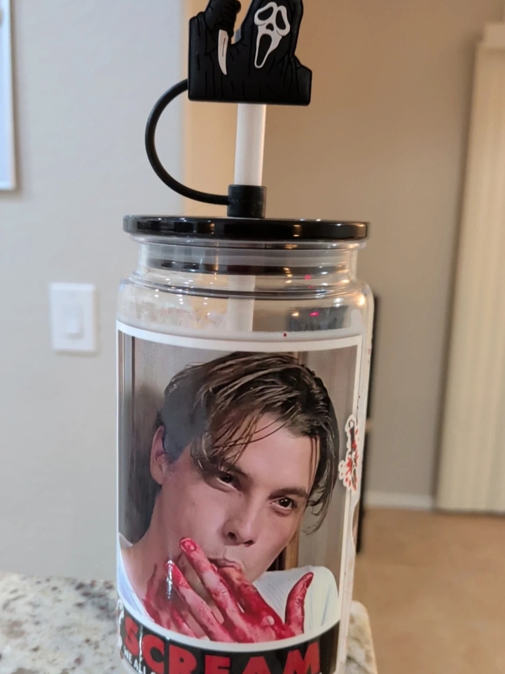 Scream-Themed Reusable Plastic Cup with Straw